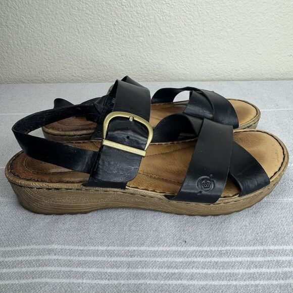 Born Aida Leather Strappy Wedge Slingback Sandals Comfort Lagenlook Black 8 - Picture 3 of 14